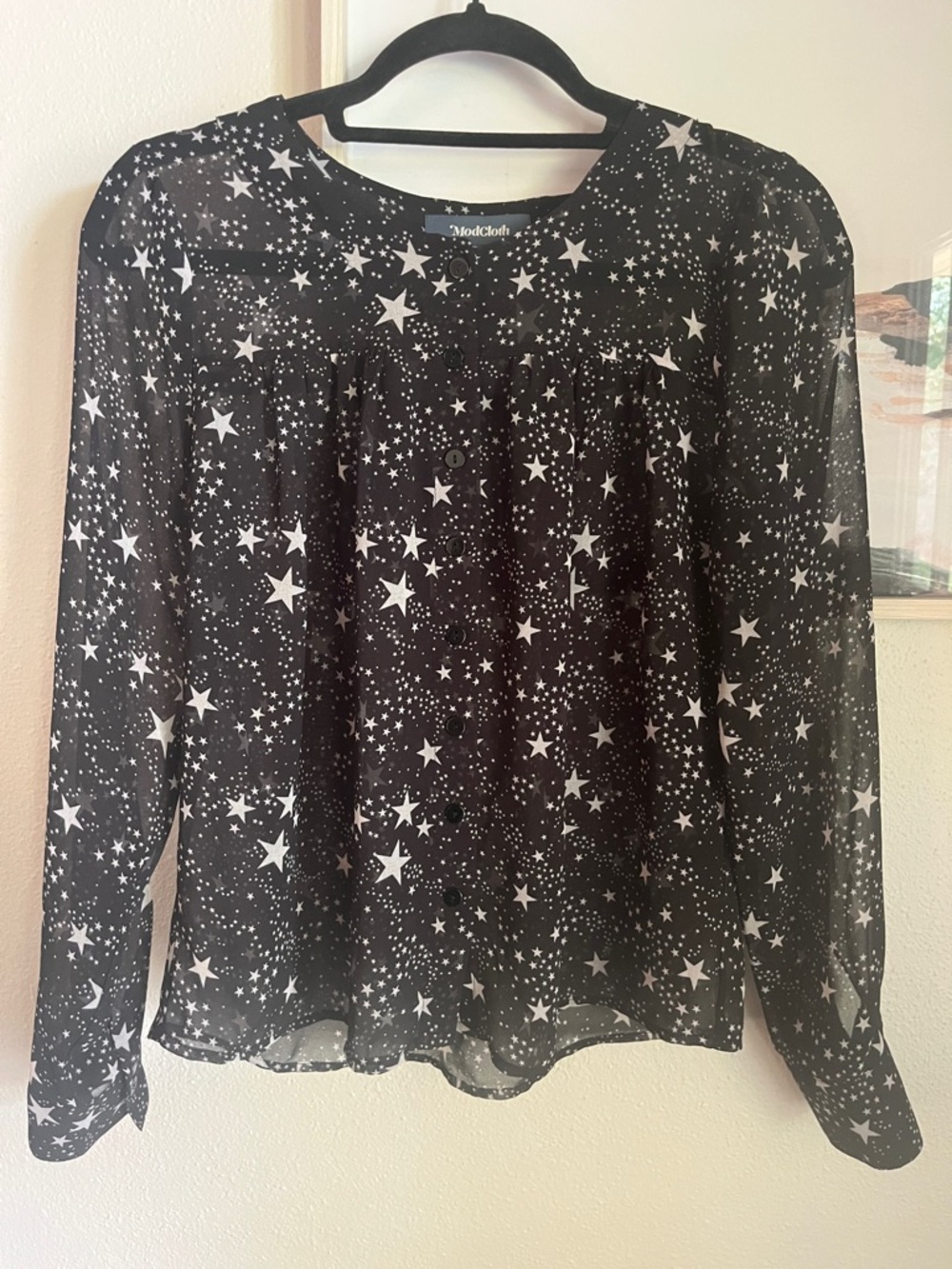 Anthropologie MODCLOTH Semi Sheer Button Front Stars Top